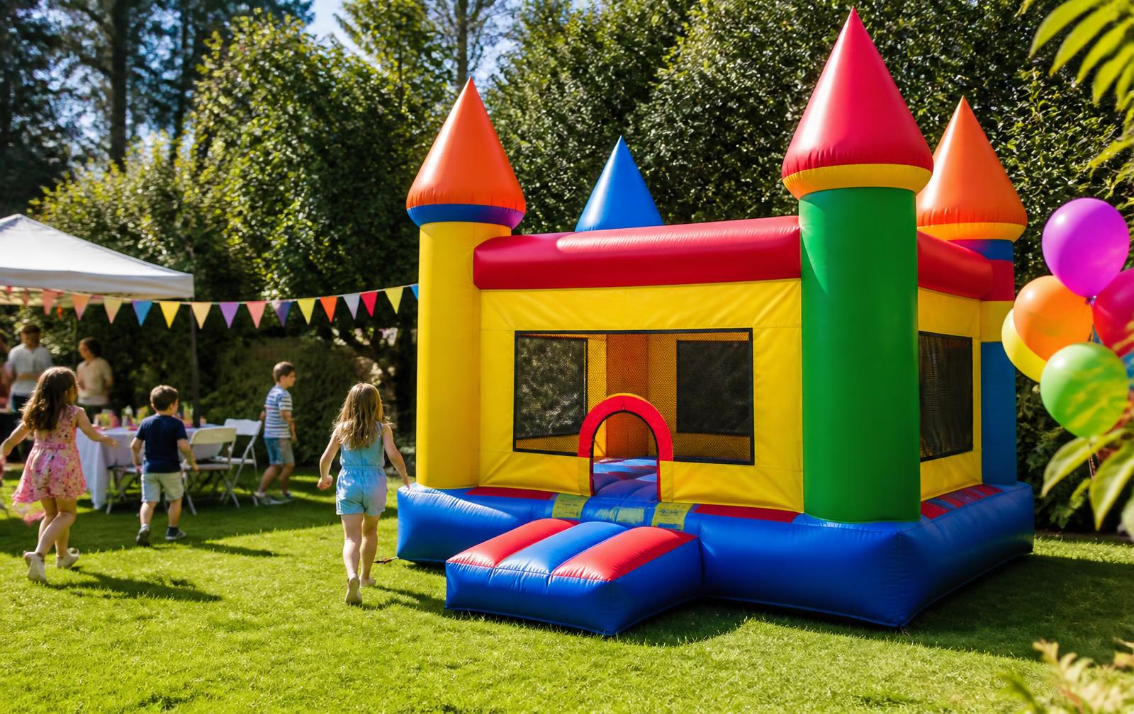 A bright castle-style inflatable with a slide entrance at a backyard birthday party